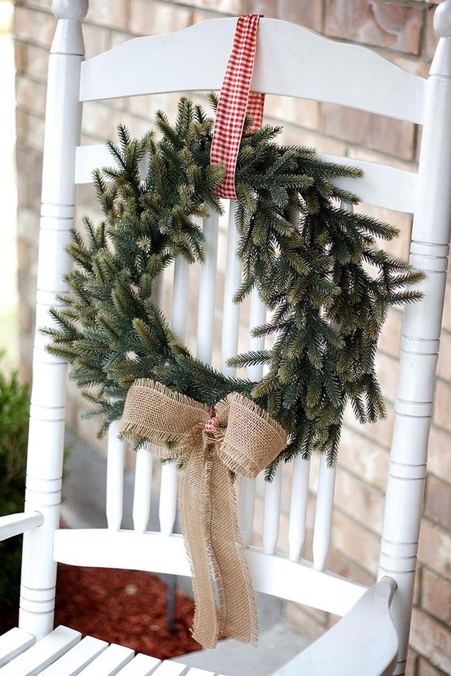 Green Wreath White Chair Red Ribbon