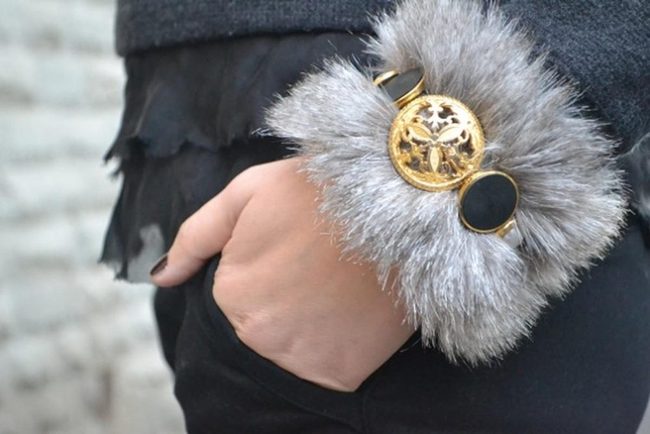 Grey Fur Gold Statement Bracelet