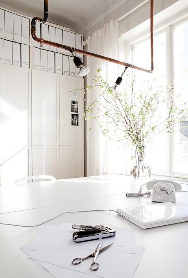 Copper Spotlights, White Workspace