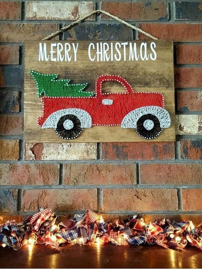 Wooden Sign With Red Truck Christmas