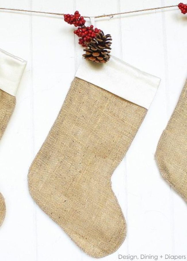 Burlap Stockings White Trim Red Berries