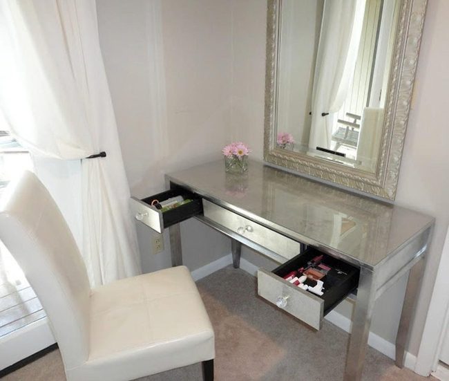 Silver Mirror Vanity With Pink Accents