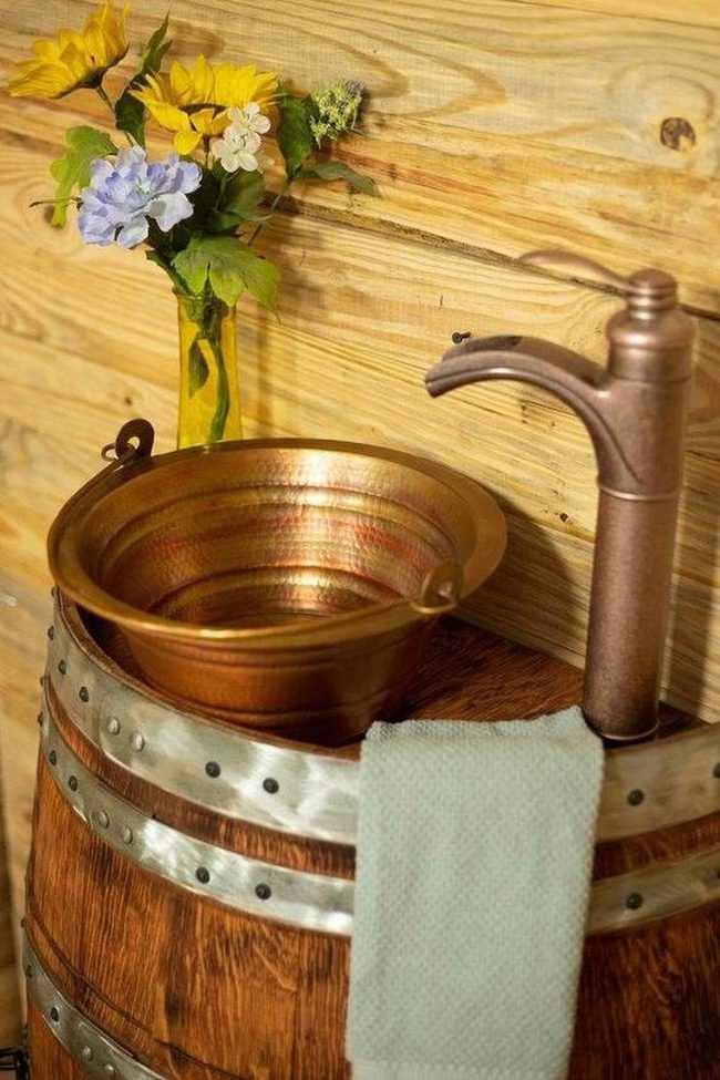 Barrel Basin With Copper Bowl