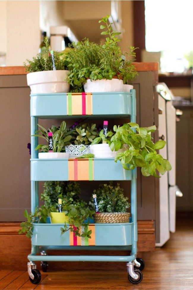 Blue Metal Cart With Cascading Greens