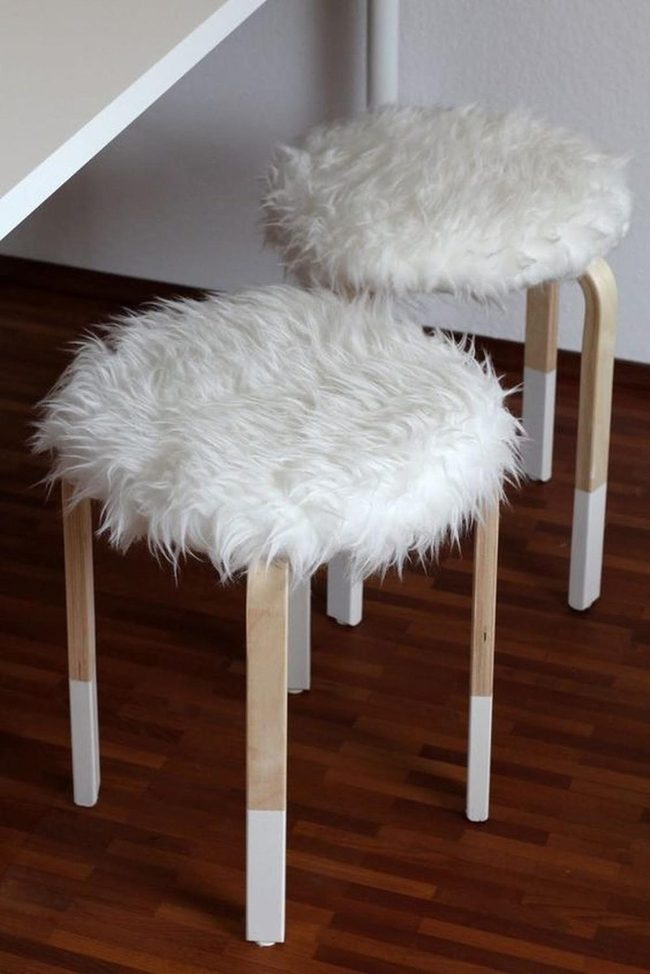 White Fluffy Stools, Natural Wood