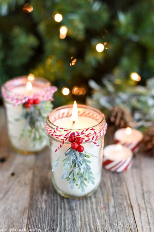 Red Twine Candles With Evergreen Accents