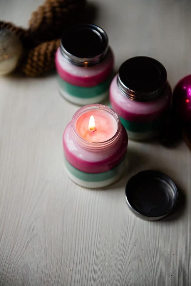 Striped Pink Candles Glass Jars