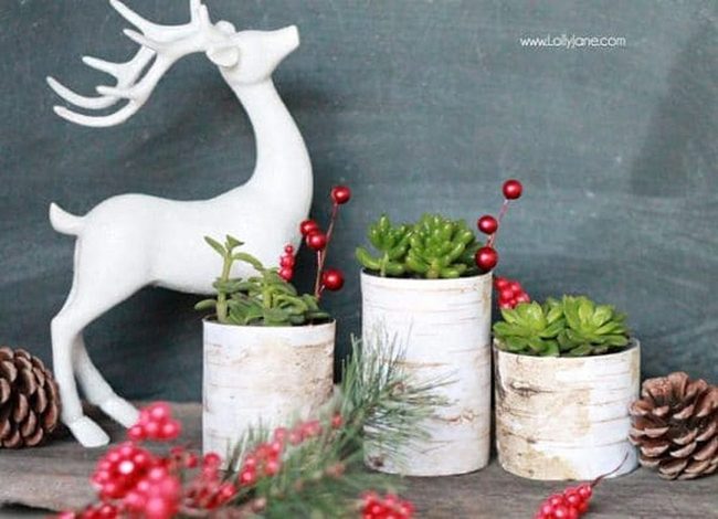 Glittered Metal Cans With Evergreen