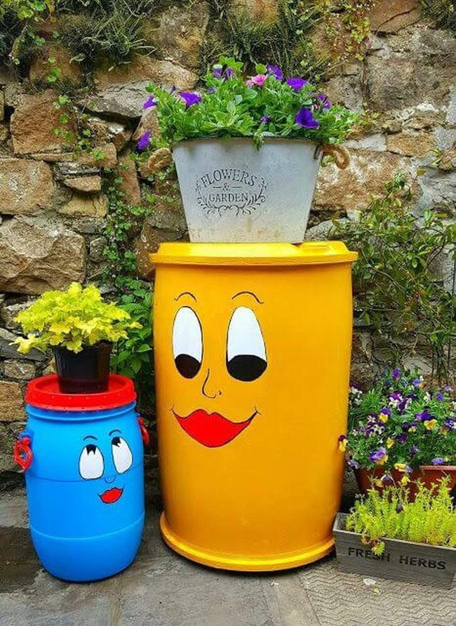 Painted Barrel Planters Stone Wall