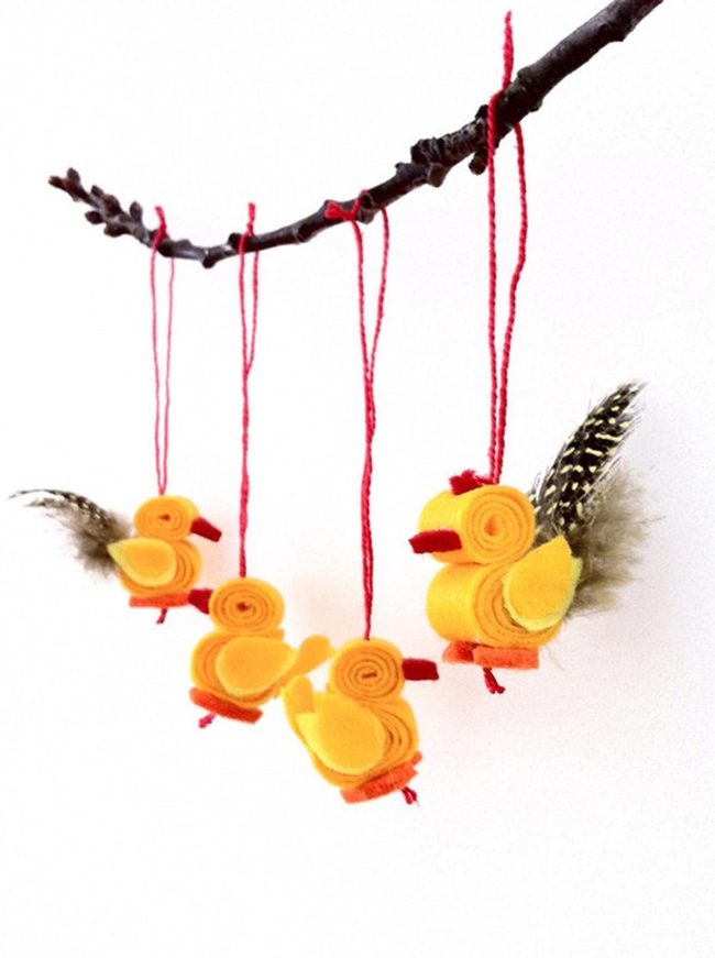 Yellow Felt Birds On Brown Branch