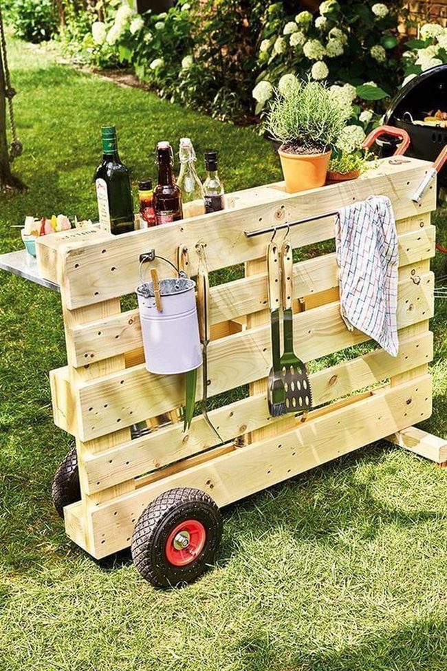 Wooden Pallet Bar Cart Red Wheels