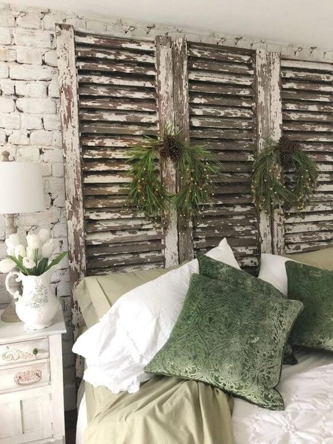 Weathered Shutter Headboard With Gray Whites