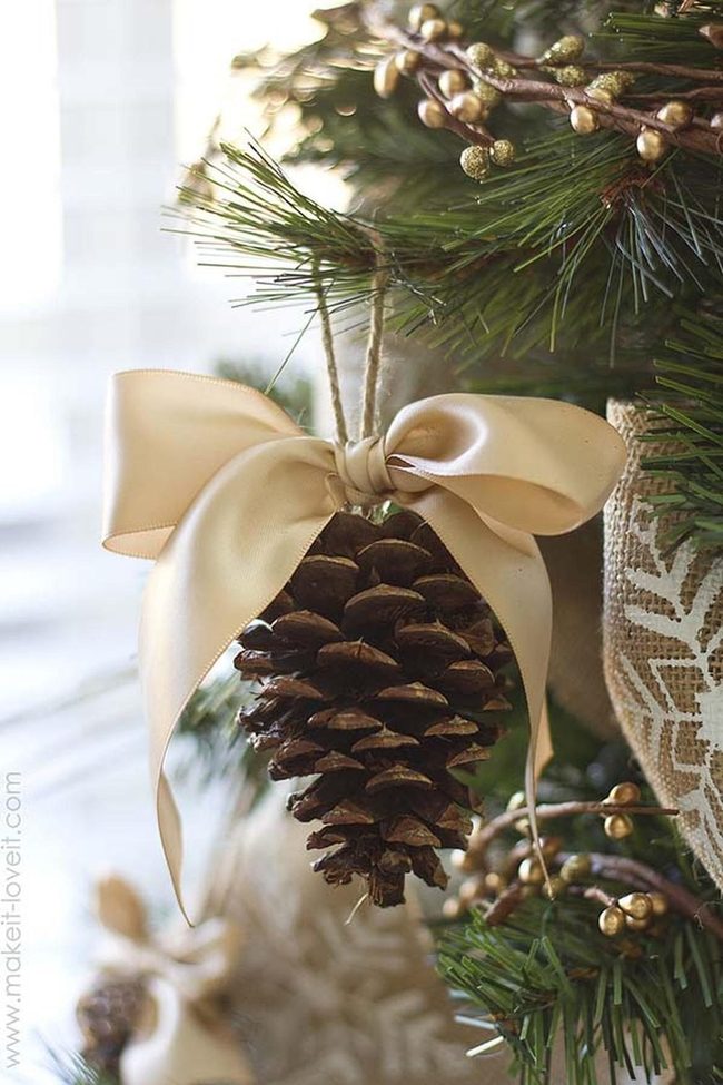 Golden Ribbon Pine Cone Ornaments