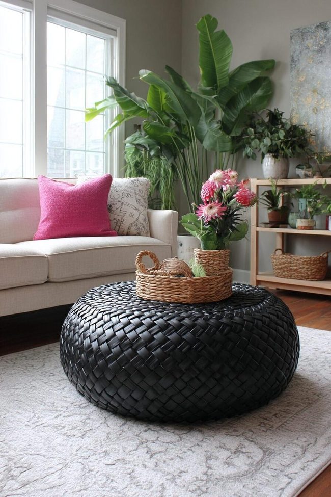 Rope-Wrapped Tire Ottoman With Cushioned Top