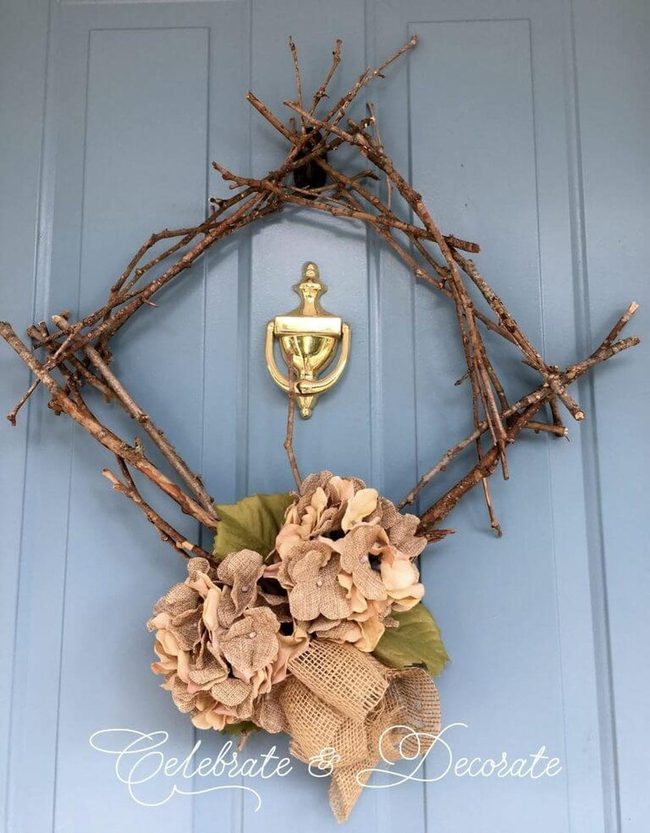 Square Twig Wreath With Burlap Flowers