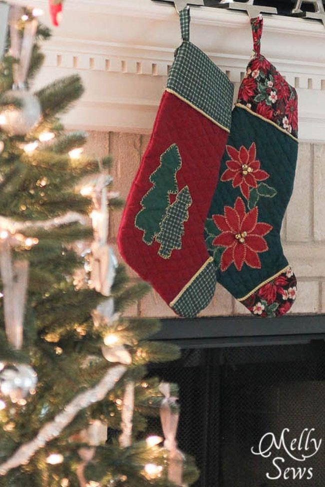 Red Stockings, Silver Tree, Stone Fireplace
