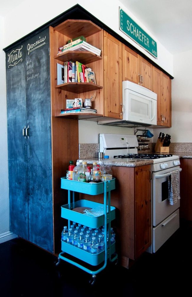Teal Cart, Natural Wood Kitchen