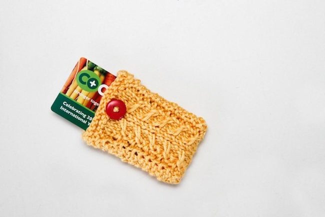 Yellow Knit Pouch, Red Button Pop
