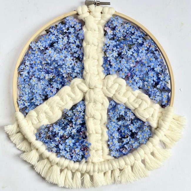 White Macrame Blue Flowers