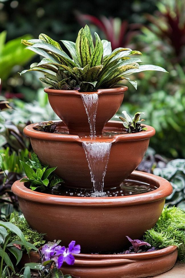 Stacked Terra Cotta Cascading Water Feature