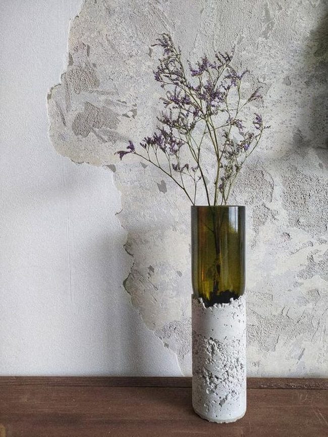 Concrete And Amber Glass Vase