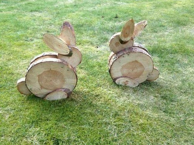 Wooden Bunny Garden Sculptures