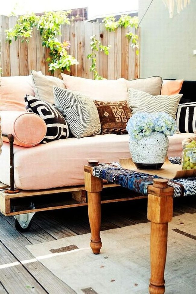 Peach Couches, Blue Flowers, Wood
