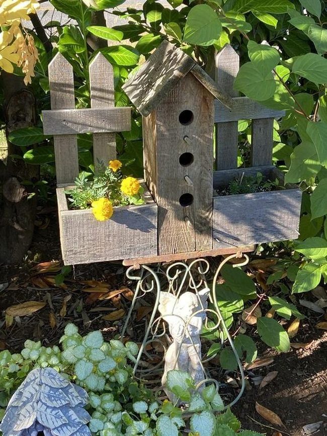 Weathered Wood Birdhouse Blooming