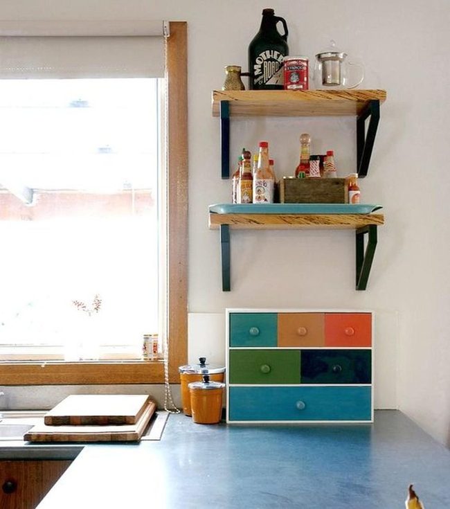 Blue Countertops, Green Storage Drawers