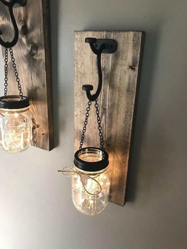 Mason Jar Sconces With Warm Wood Metal