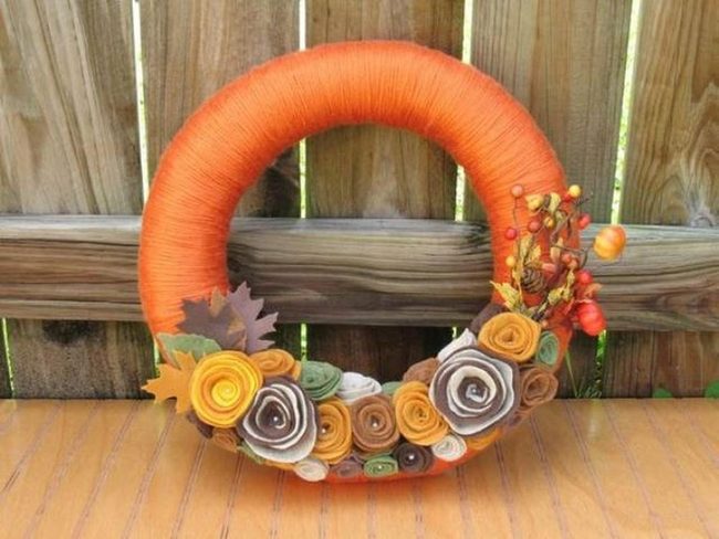 Orange Yarn Wreath With Autumn Flowers