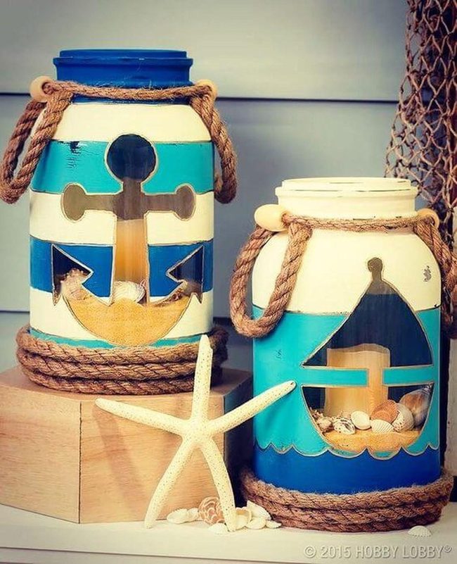 Rope-Wrapped Mason Jars With Shells