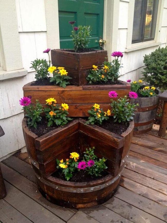 Stacked Wood Barrel Planter