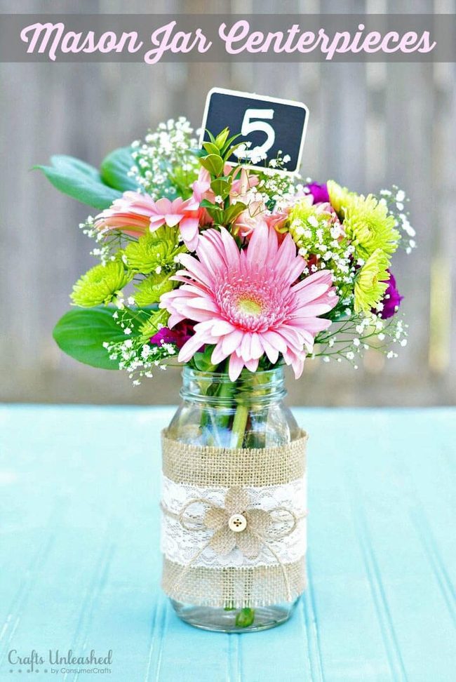 Burlap-Wrapped Mason Jar Florals