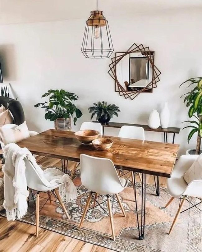 Wooden Table, Green Plants, Modern Light