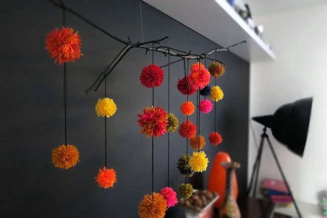 Colorful Pom-Pom Branch Display