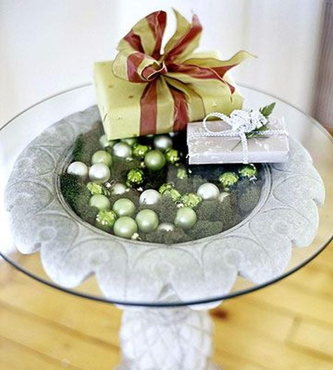 Ornament-Filled Birdbath Centerpiece