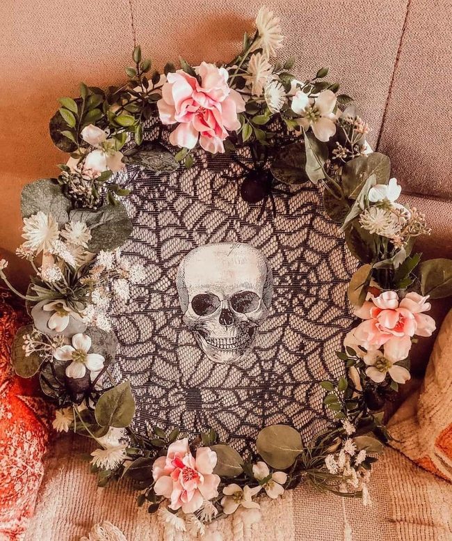 Pink Florals Meet Skull Wreath