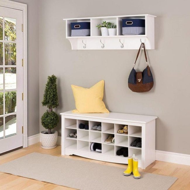 Cushioned Bench With Open Shelving