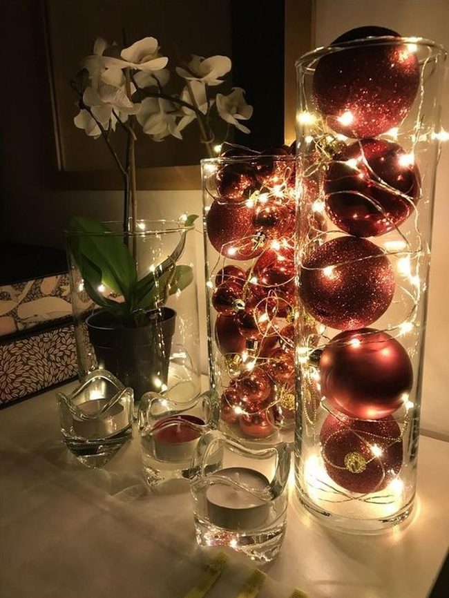 Red Ornaments Glow Through Glass