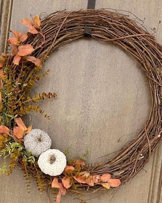 Cream Pumpkins And Coral Leaves Wreath