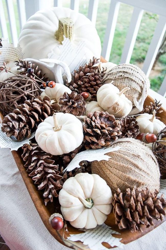 Cream Pumpkins, Brown Pinecones, Red Berries