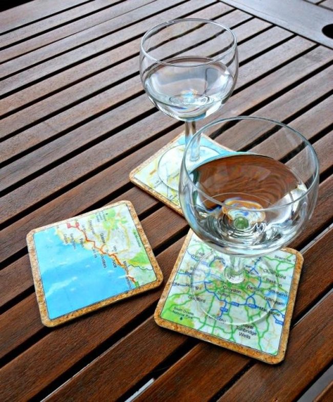 Map-Printed Cork Coasters On Wood