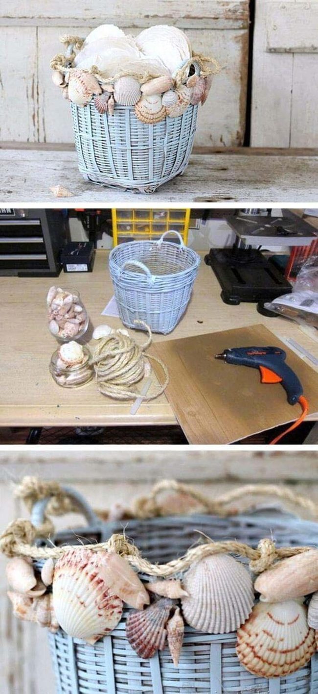 Twine Baskets With Scattered Seashells