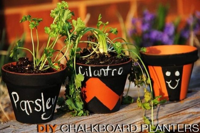 Black Chalkboard Herb Pots With Smiley Faces