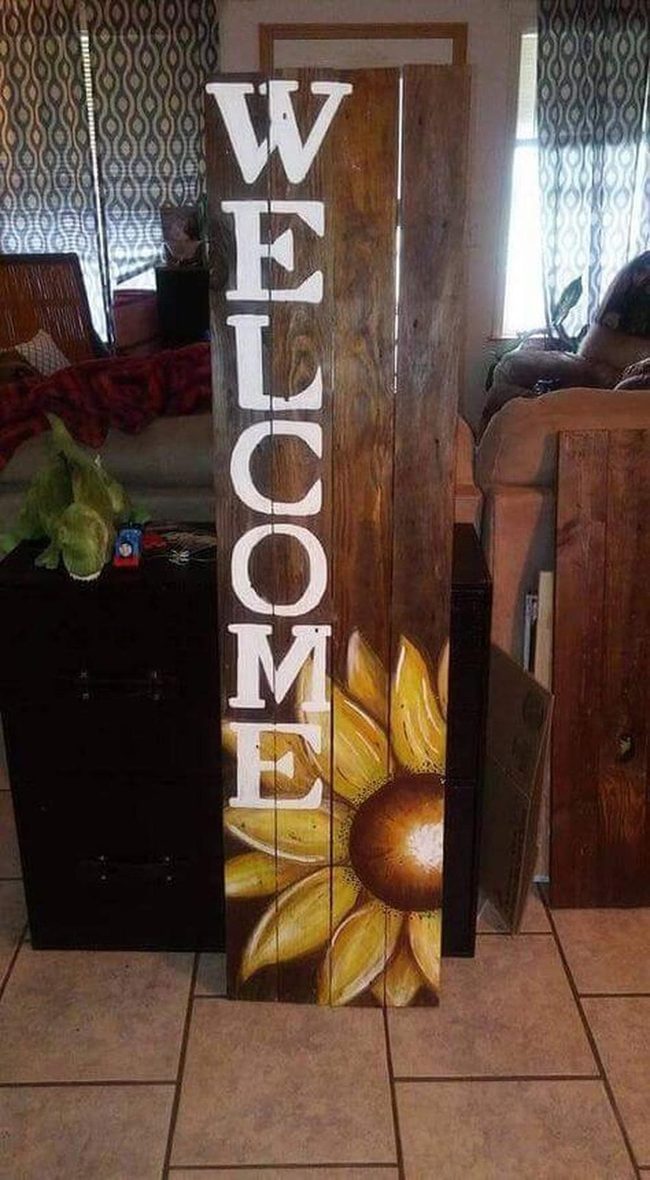 Yellow Sunflowers On Wooden Welcome