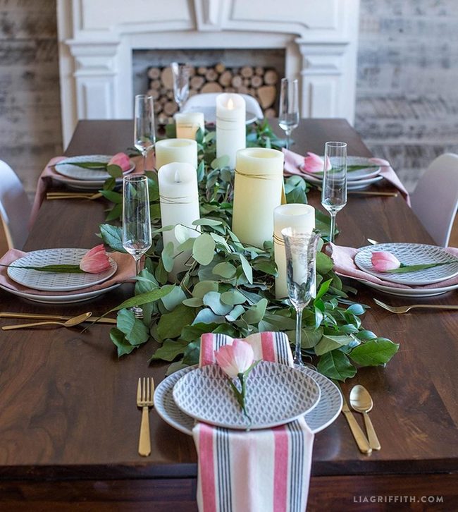 White Candles, Green Leaves, Pink Accents