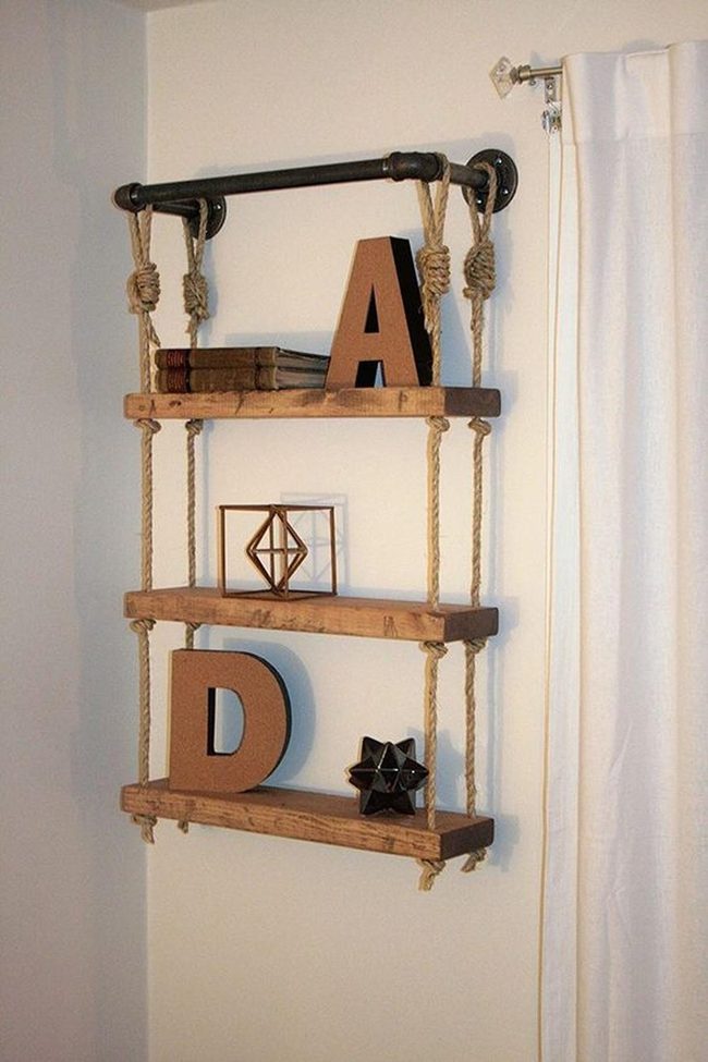 Rope And Wood Plant Shelves