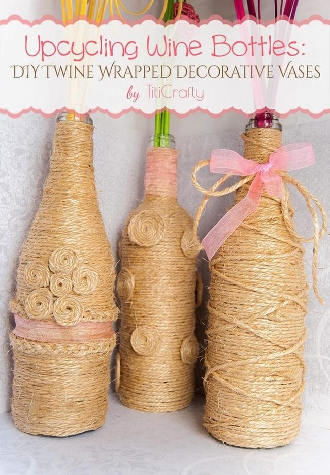 Twine-Wrapped Wine Bottles Pink