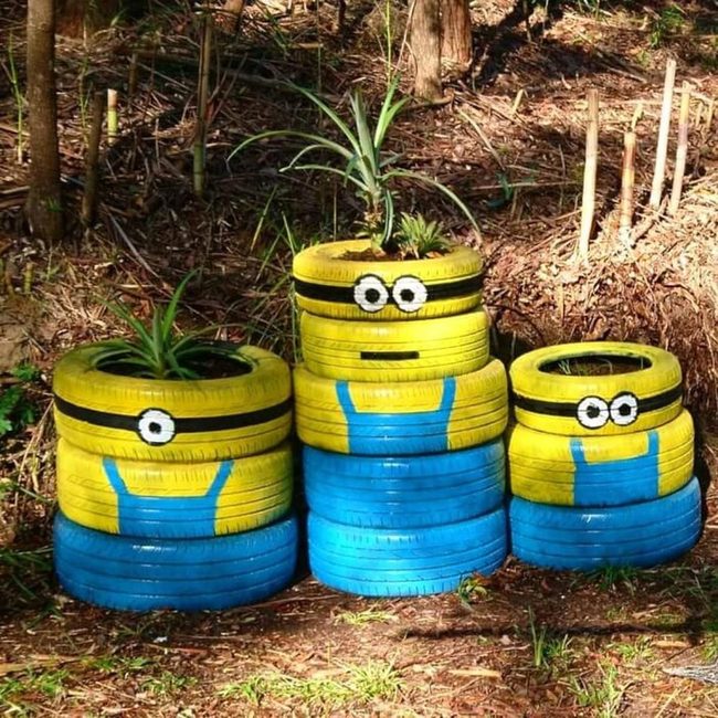 Yellow Tire Minions Garden Art
